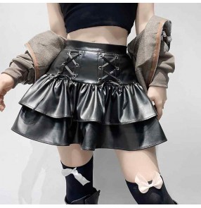 Gothnic style retro Jazz dance miniskirts for women cross lace-up slim skirt punk rock style hot dance PU zipper pleated short skirt